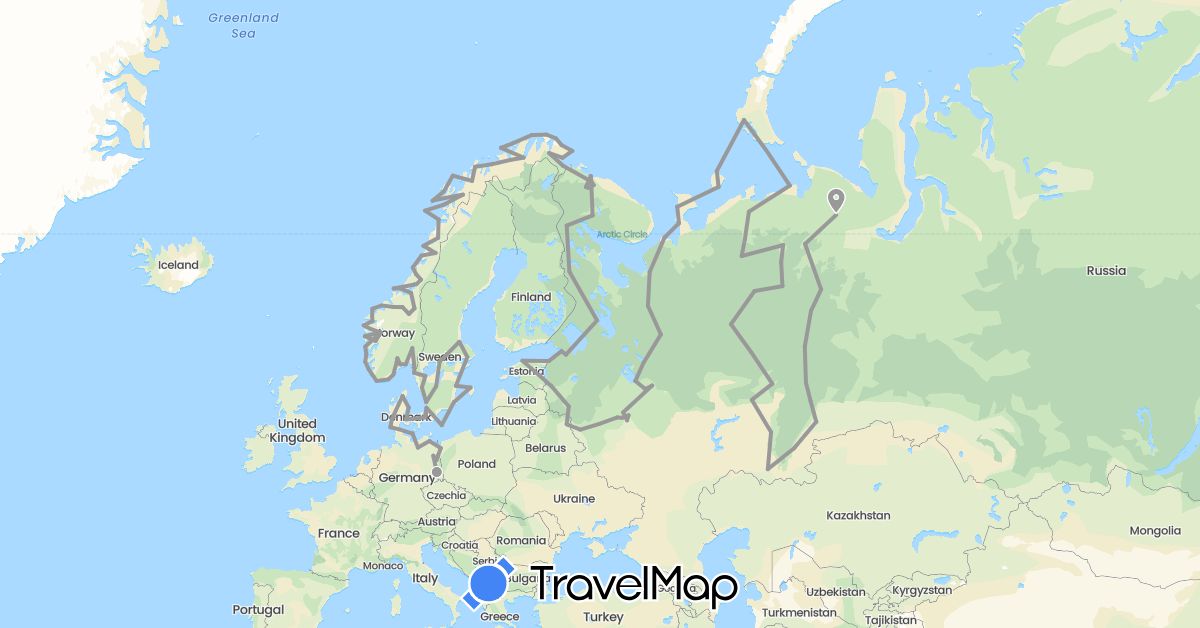 TravelMap itinerary: driving, plane in Belarus, Germany, Denmark, Estonia, Norway, Poland, Russia, Sweden (Europe)